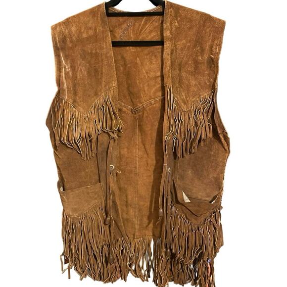 Vintage 70s Pioneer Wear Brown Leather Vest with Fringe Adult Small